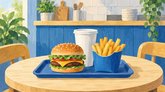 Illustration av en hamburgare, pommes frites och en vit dryckesmugg på en blå bricka i en ljus serveringsmiljö.