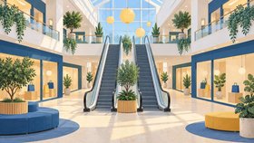 Illustration av ett ljust köpcentrum med två rulltrappor, butiksskyltfönster, gröna växter och sittplatser i blått och gult.
