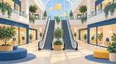 Illustration av ett ljust köpcentrum med två rulltrappor, butiksskyltfönster, gröna växter och sittplatser i blått och gult.