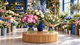 Illustration för blomster- och trädgårdsbutiker i Sverige: tre buketter med rosa pioner, vita rosor, blå blommor och tulpaner i vaser på ett runt träbord, med växter, trähyllor och blå väggar i en ljus butik.