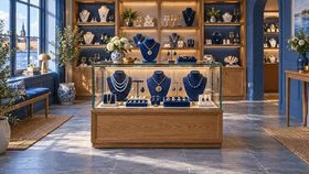 Illustration för accessoar- och smyckesbutiker i Sverige: halsband, örhängen, ringar och armband på blå ställ i en glasmonter och på hyllor, med blommor och utsikt över vatten genom fönstret.
