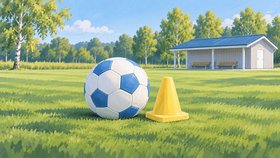 Illustration av en blåvit fotboll och en gul träningskon på gräs, med en liten klubbstuga med blått tak, två bänkar och gröna träd i bakgrunden.
