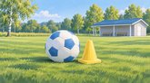 Illustration av en blåvit fotboll och en gul träningskon på gräs, med en liten klubbstuga med blått tak, två bänkar och gröna träd i bakgrunden.