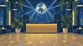 Illustration av ett DJ-bås med skivspelare, mixer och högtalare under en discokula, med ett trägolv och gröna växter.