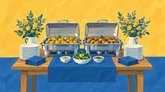 Illustration av ett buffébord med två öppna värmebehållare, potatis, en varm rätt, sallad, såsskålar, tallrikar och blå servetter.