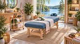 Illustration för spa- och massagecenter i Sverige: en blå massagebänk med handdukar, massageoljor och stenar, träinredning, växter och ett stort fönster med utsikt över en sjö och skog.