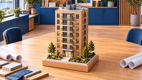 Illustration av fastighetsutveckling: en modell av ett modernt bostadshus med balkonger, träd och planteringar på ett träbord i en ljus arkitektstudio.