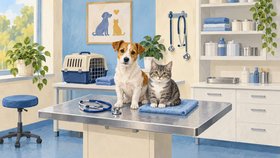 Illustration av en hund och en katt på ett undersökningsbord med ett stetoskop, med transportbur, handdukar och medicinsk utrustning i bakgrunden.