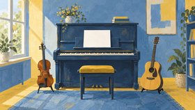 Illustration av ett blått piano med en gul pianopall, en fiol och en akustisk gitarr i ett ljust musikrum.