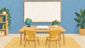 Illustration av ett bord med en öppen bok och en jordglob, två gula stolar och en tom skrivtavla i ett ljust utbildningsrum.