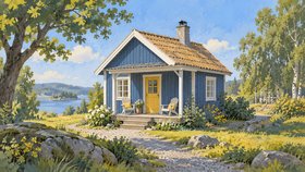Illustration av en blå trästuga med gul dörr, veranda och två stolar, omgiven av träd och blommor nära en sjö.