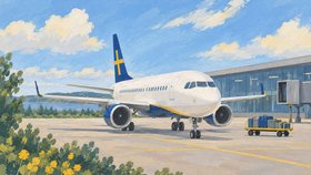 Illustration av ett vitt passagerarflygplan med blå och gula detaljer vid en terminal, med bagagevagn och en svensk flagga på stjärtfenan.