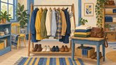Illustration av kläder på en klädställning, skor på en hylla och en brun väska i en ljus secondhandbutik med träinredning och växter.