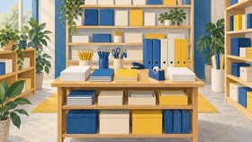 Illustration av pärmar, anteckningsböcker, papper, pennor, sax och tejp på ett träbord framför hyllor med kontorsmaterial.