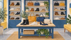 Illustration av stövletter, sneakers, pumps och handväskor på ett träbord och blå hyllor i en ljus butik med växter.