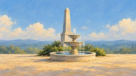 Illustration av en stenfontän och en obelisk på en öppen plats med skog och kullar i bakgrunden.