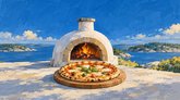 Illustration av en pizza med tomat och basilika framför en vedeldad ugn, med vatten och skärgårdsöar i bakgrunden.
