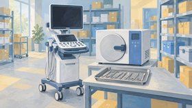 Illustration av en ultraljudsapparat, en sterilisator och en bricka med medicinska instrument framför lagerhyllor med kartonger och lådor.