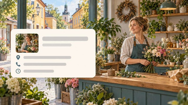 En florist bakom disken och ett företagskort i förgrunden.