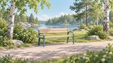 Illustration av en parkbänk vid en sjö med björkar och gröna växter.