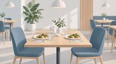 Illustration av ett ljust restaurangbord dukat för två med grönsaker och vatten