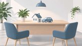 Illustration av ett ljust rådgivningsrum med modeller av ett hus och en bil på ett skrivbord
