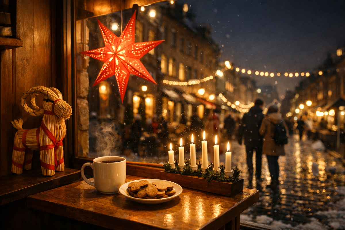 Symbols of Swedish Christmas julbock, Advent calendar, and the Christmas star