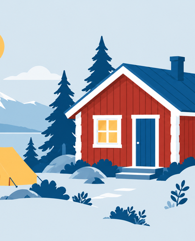 Illustration of a red Swedish cabin, a tent and a hotel bed under pine trees