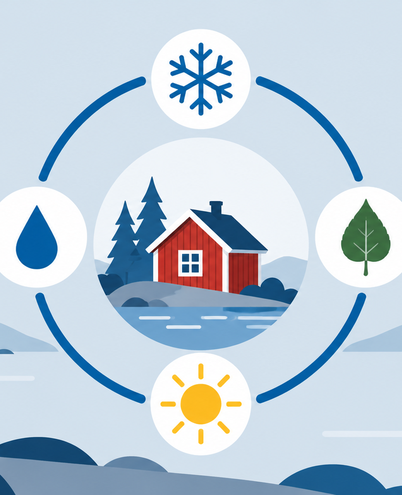 Illustration of a season wheel with snow, a birch leaf, sun and rain around a red Swedish cottage
