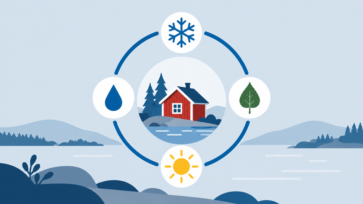 Illustration of a season wheel with snow, a birch leaf, sun and rain around a red Swedish cottage