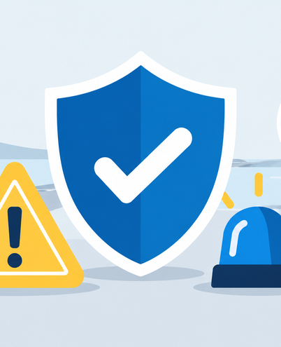 Illustration of a shield with a check mark, a warning triangle and a police light for safety in Sweden