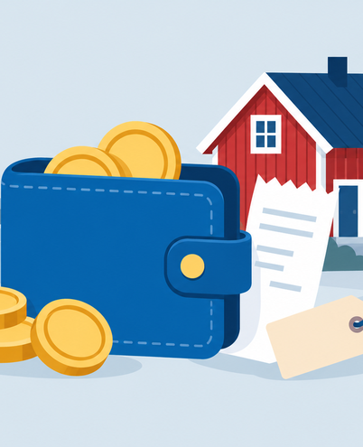 Illustration of a wallet with Swedish krona coins, a receipt and a price tag in front of a red house