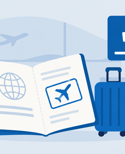 Illustration of an open passport with a stamp, a suitcase and a customs sign for travel to Sweden