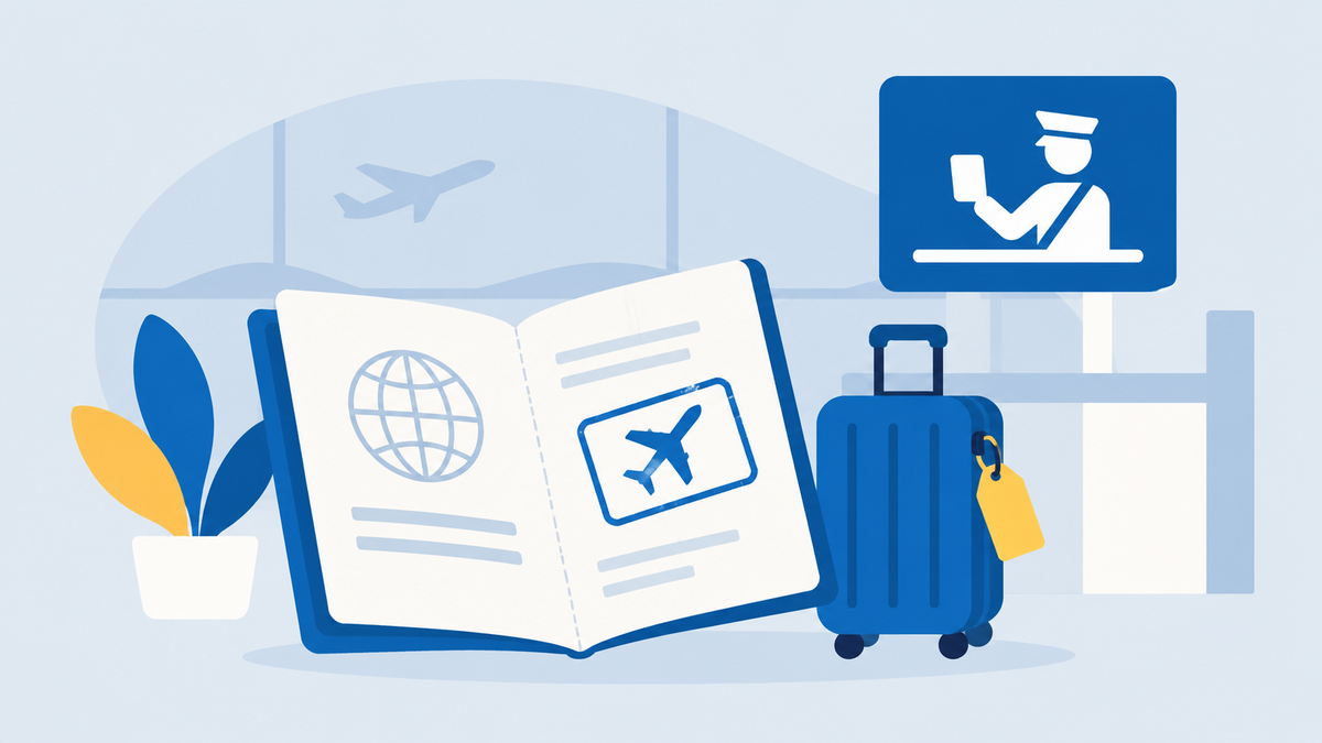 Illustration of an open passport with a stamp, a suitcase and a customs sign for travel to Sweden